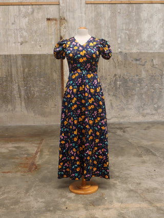 Blauwe 70s jurk met pofmouw - Maat S/M