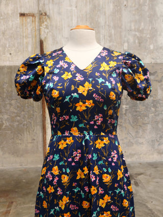 Blauwe 70s jurk met pofmouw - Maat S/M