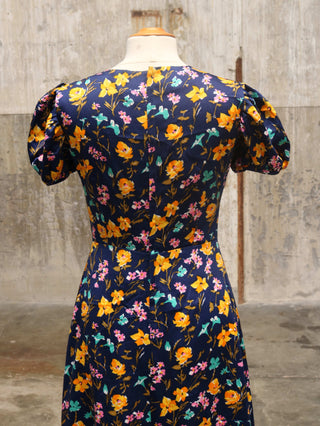 Blauwe 70s jurk met pofmouw - Maat S/M