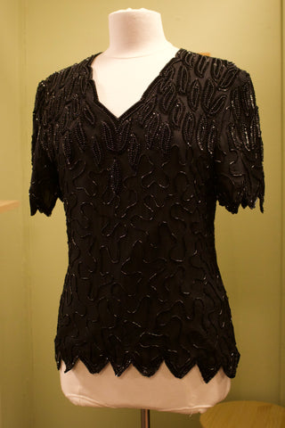 Zwarte zijde top met kralen - Maat S