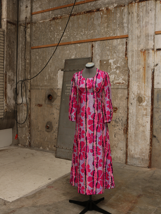 70's max jurk met roze/lila bloemenprint - Maat XS/S